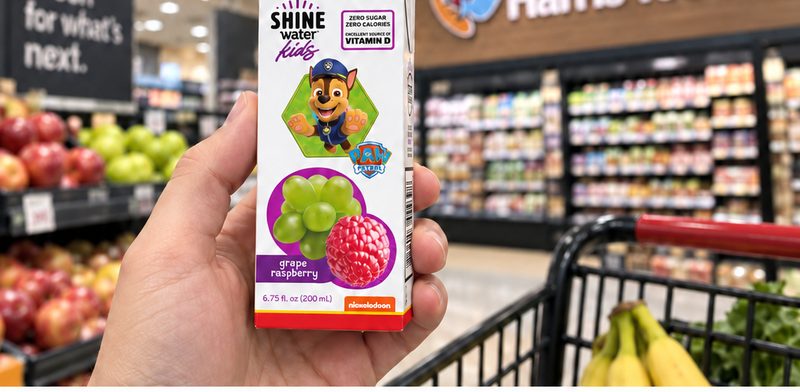 Filming a ShineWater Kids carton inside Harris Teeter