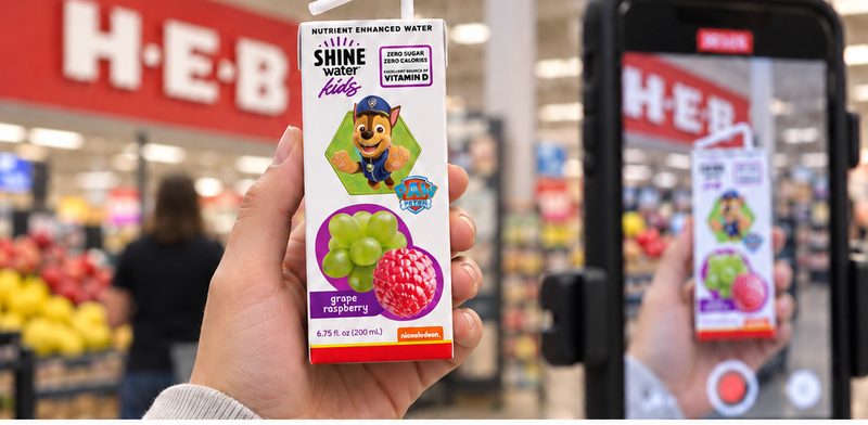 Filming a ShineWater Kids carton inside H-E-B